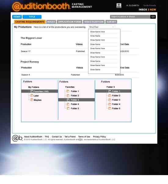 A page for the casting agent side, where they can view and control audition videos for various productions.